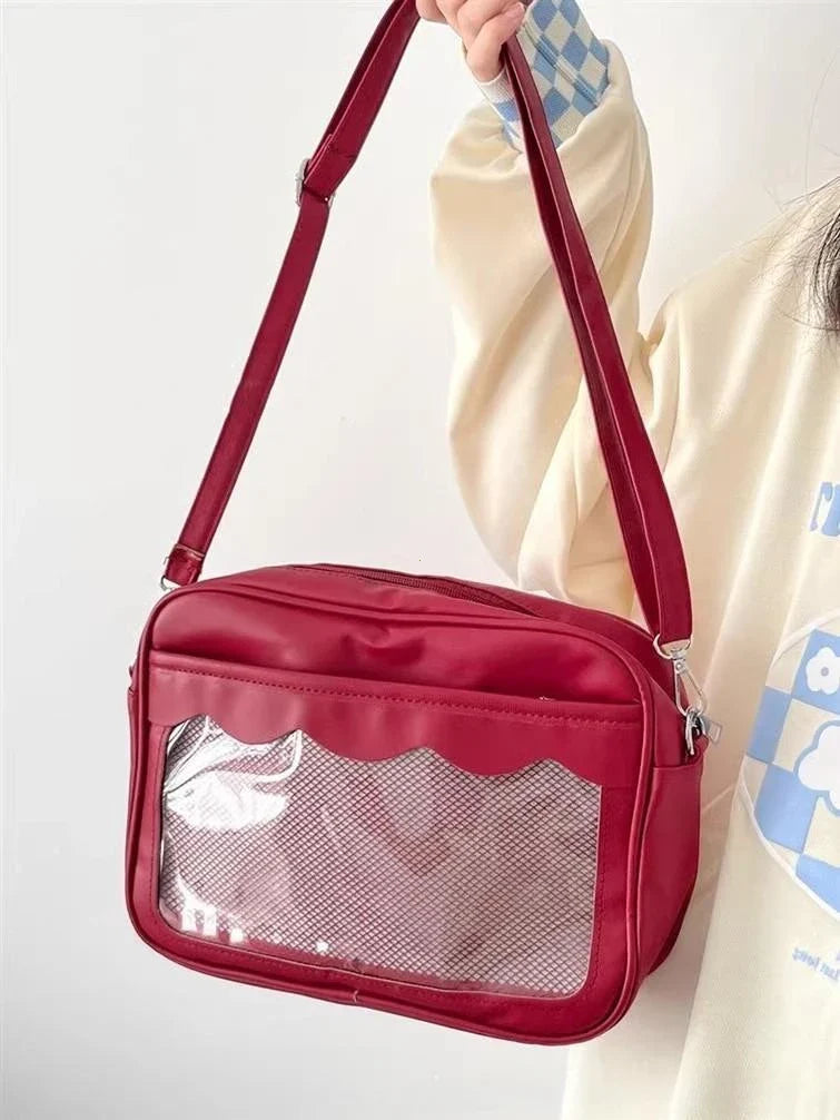 Women's PU Transparent Pocket Ita Bag | High School Girls JK Uniform Crossbody Shoulder Handbag (Fashion Satchel)