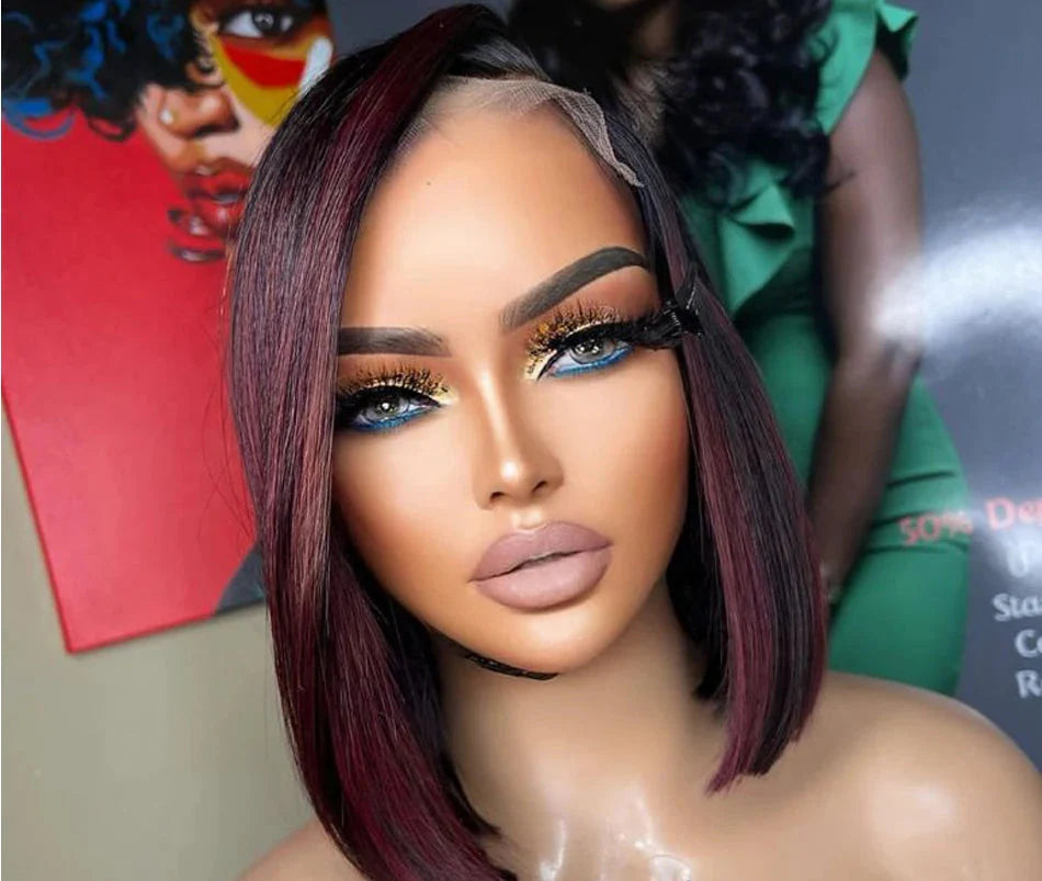 Burgundy Highlight Straight Bob Wig | 5.5x4.5 PU Silk Top Lace Closure Brazilian Human Hair (Glueless, Side Part)