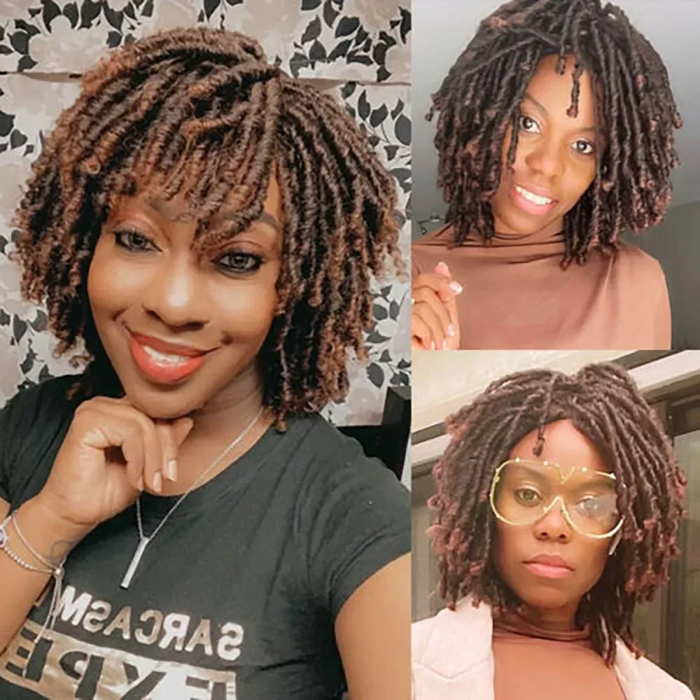 Ombre Brown Short Curly Faux Locs Wig | Crochet Braids | Afro Hip-Hop Style | Black Women
