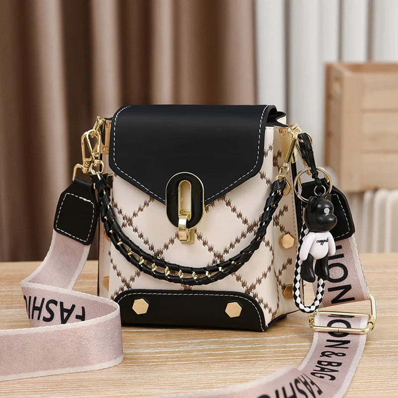 Mini Studded Decor Crossbody Bag | Argyle Embroidery Mobile Phone Purse & Trendy Chain Handbag for Women