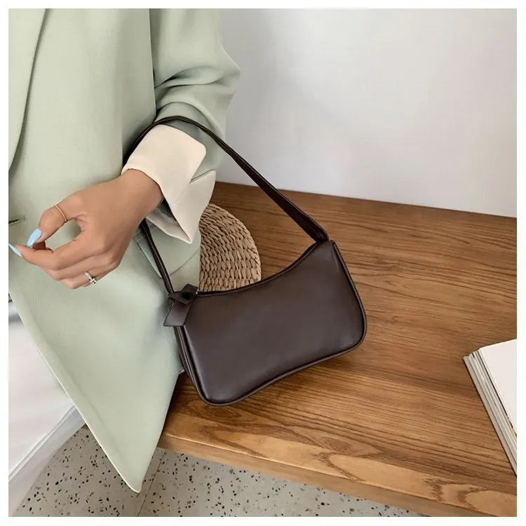 Retro Forearm Bag for Women | PU Leather Bow Handbag & Baguette Shoulder Bag (Western Style Underarm Bag, Casual Tote)