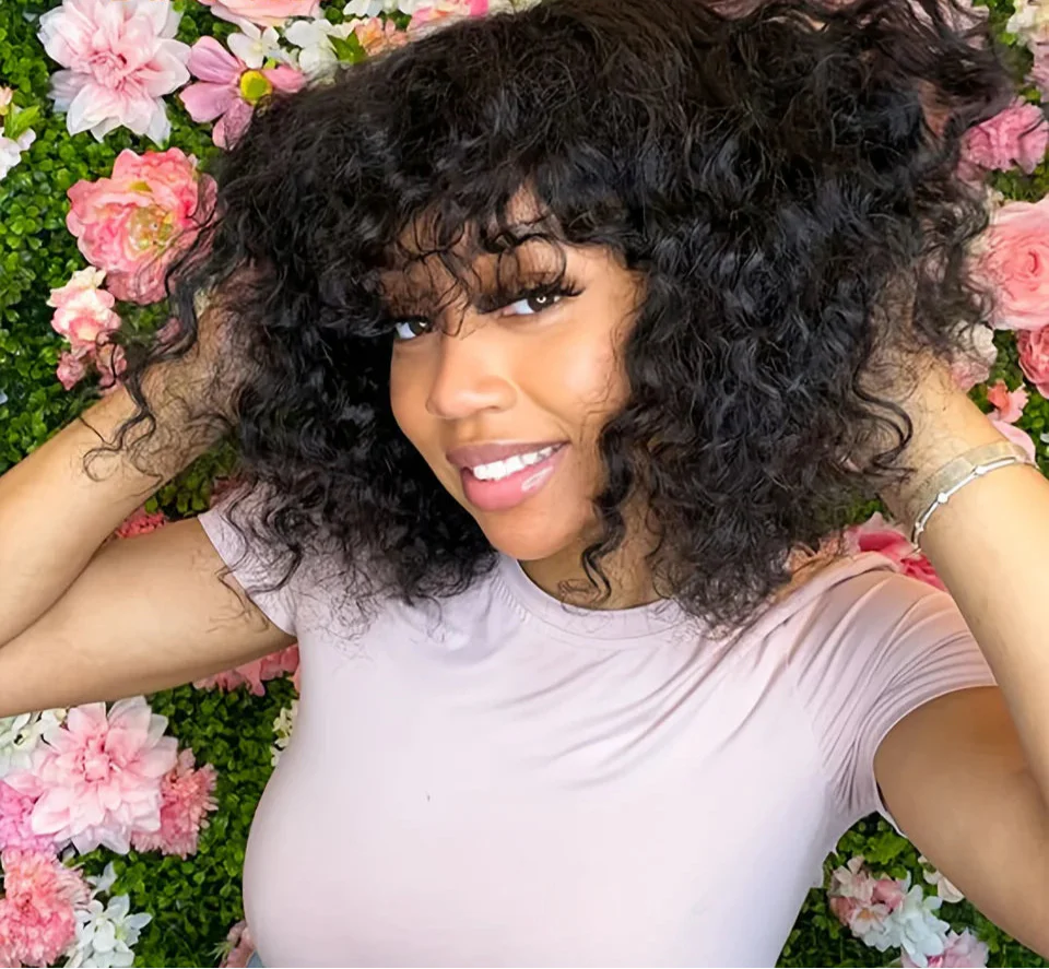 Highlight Honey Blonde Jerry Curly Bob Wig with Bangs | Non-Lace Front Human Hair