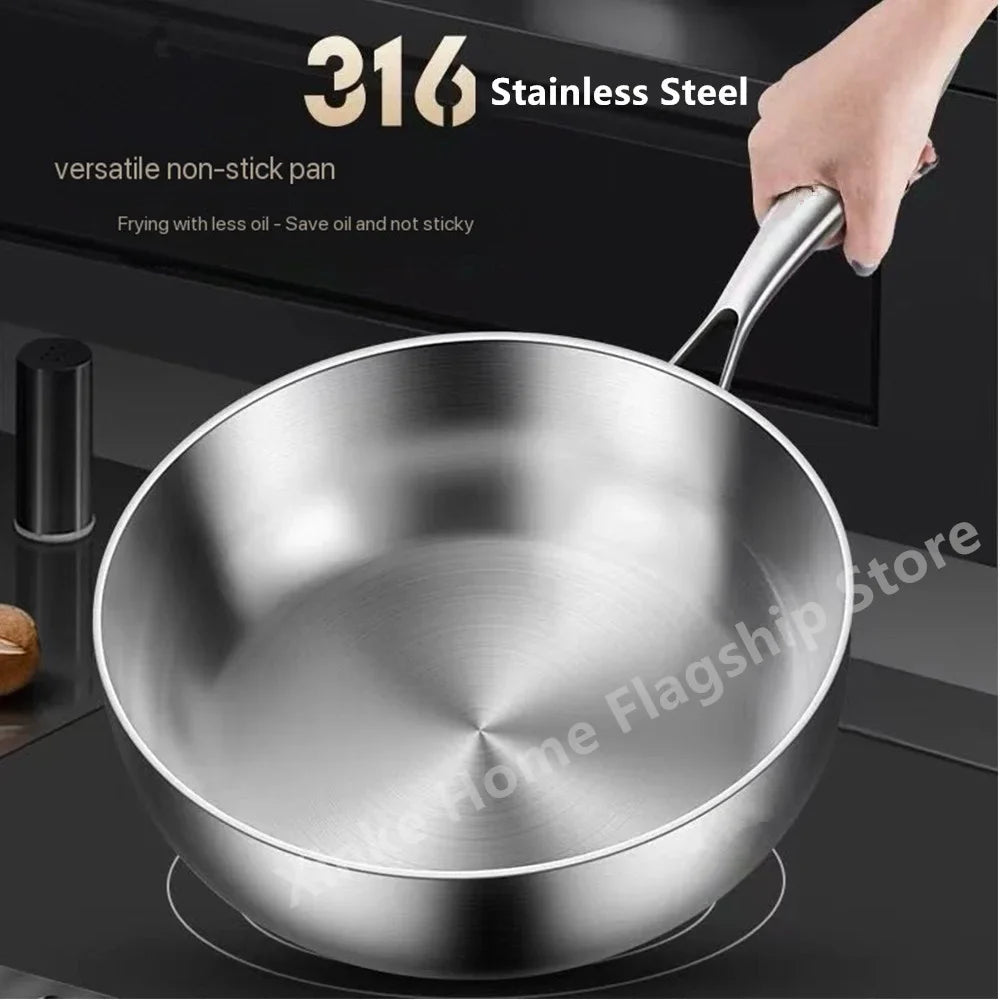 316 Stainless Steel Frying Pan Deepened Wok Uncoated NonStick Skillets Gas Stove Induction Cooker Universal Pan Kitchen Cookware
