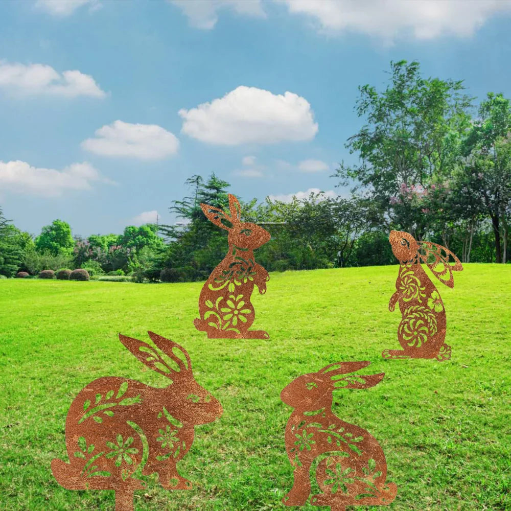Lovely Rustic Metal Rabbit Garden Post Patinated Rusty Finish Great for Outdoor Adornment Backyard Patio Farm Area