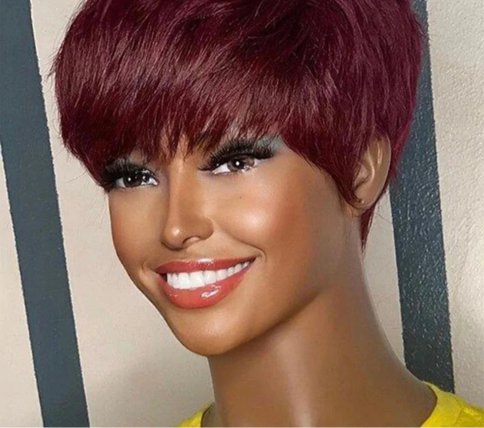 Rebecca Burgundy Red & Blonde Pixie Bob Wig | Short Straight Glueless Human Hair with Bangs