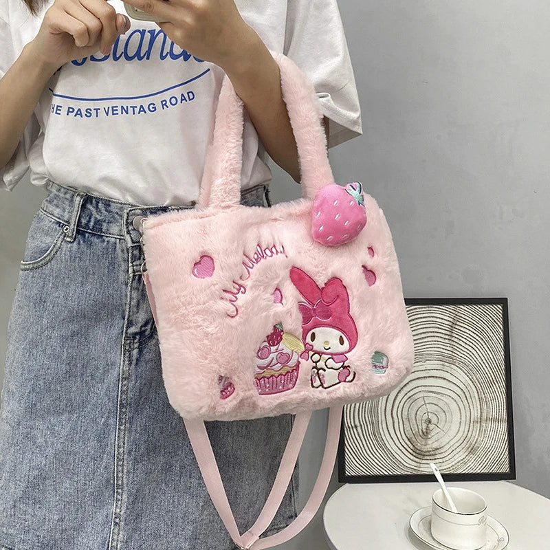 Kawaii Hello Kitty Plush Shoulder Bag | My Melody Cinnamoroll Kuromi Cute Cartoon Anime Handbag (Soft Storage Bag for Women & Girls)