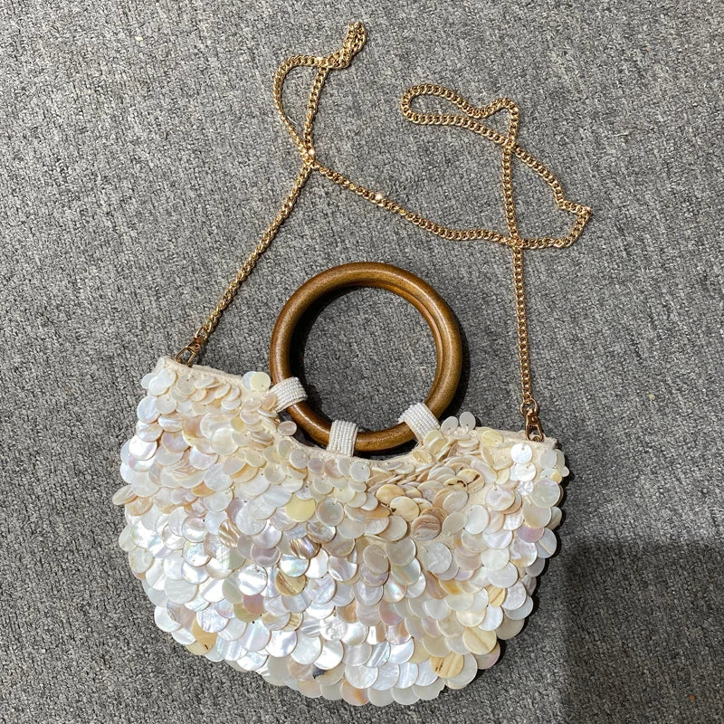 Small Shell Evening Bags for Women | Luxury Designer Handbag Purses & New Canvas Inlaid Acrylic Wooden Handle Chain Shoulder Bag