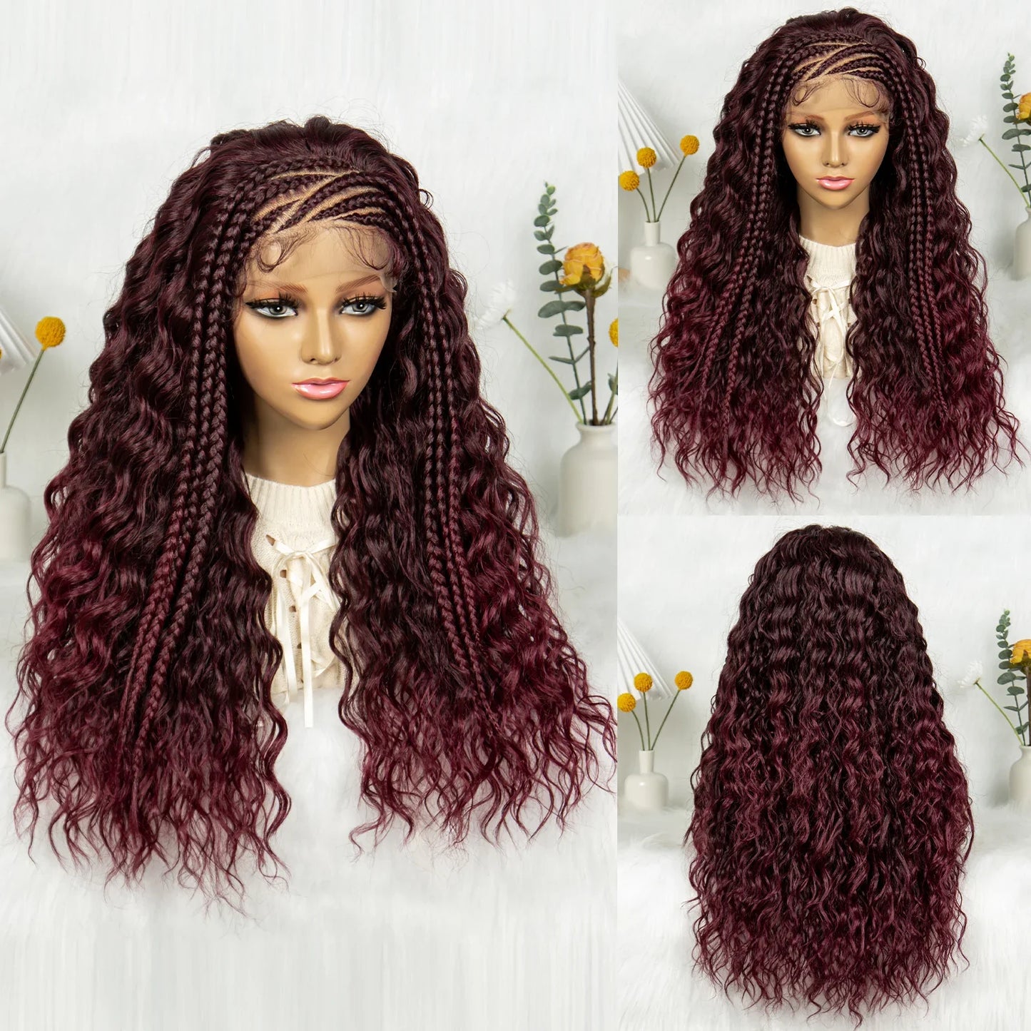 Burgundy Cornrow Stitch Curly Braids Wig | 13x4 Lace Front | Baby Hair | KIMA