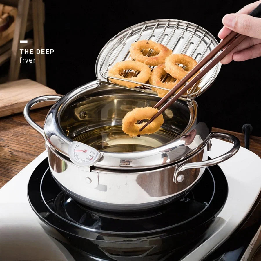 Japanese Deep Frying Pot with a Thermometer and a Lid 304 Stainless Steel Kitchen Tempura Fryer Pan 20 24 cm