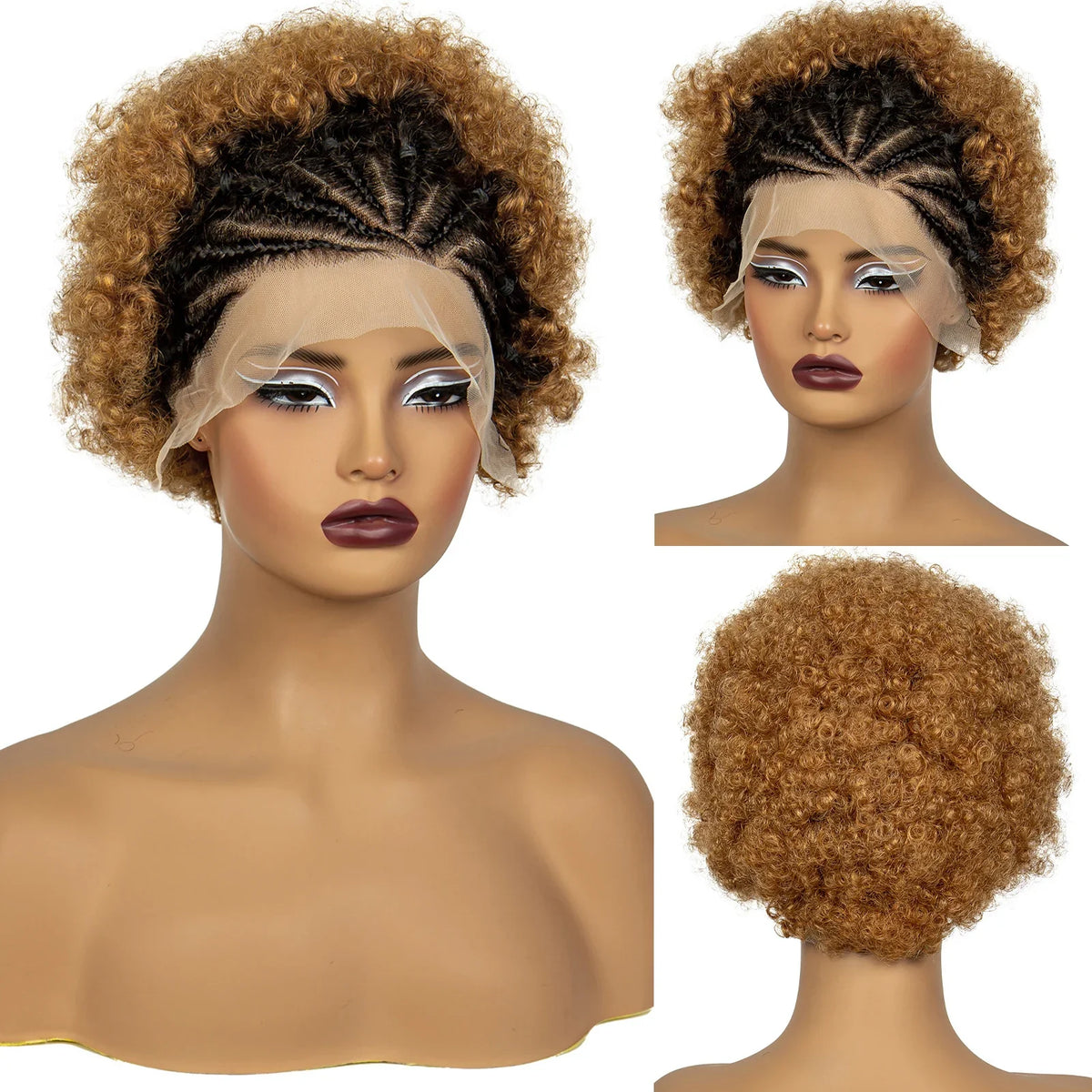 Natural Black Synthetic Braided Wig | 13x4 Transparent Lace Front Short Afro Kinky Curly Braids