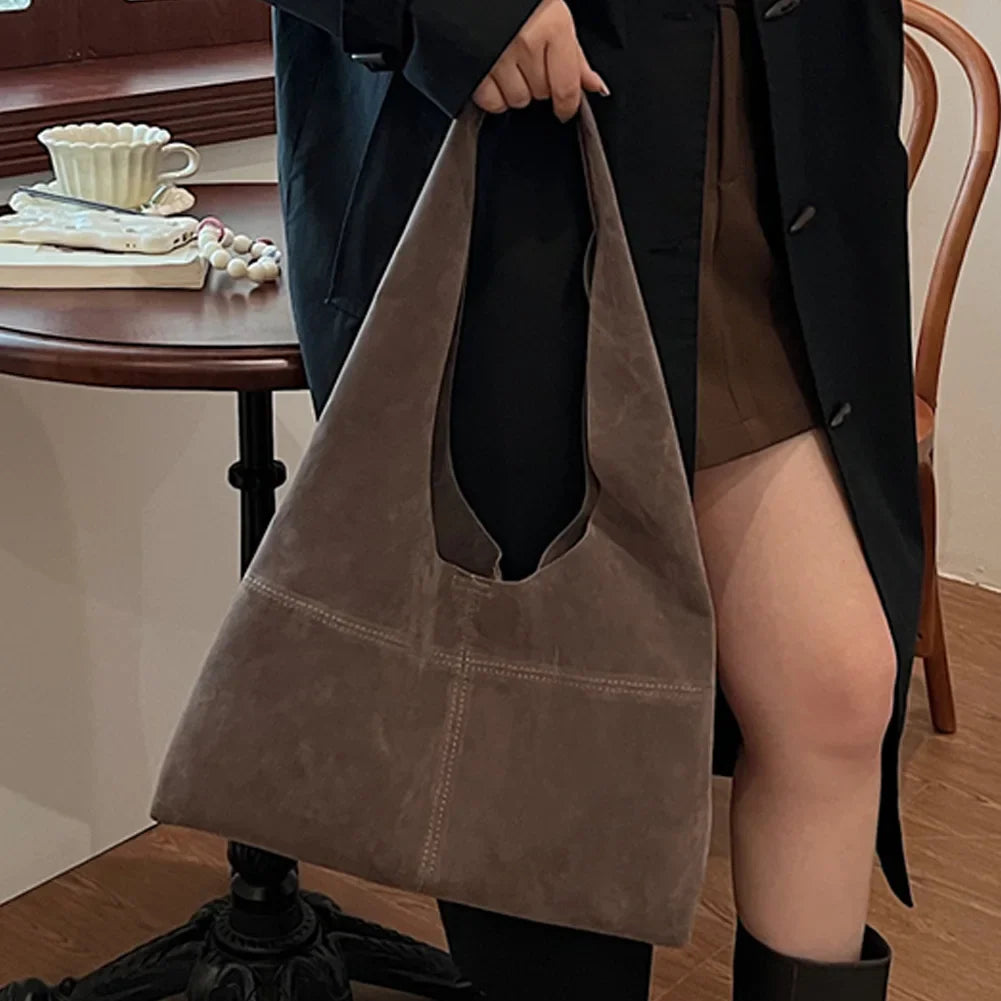 Women's Faux Suede Tote Bag | Vintage Large Capacity Shoulder & Underarm Handbag (Designer Style, Simple Commuting Bag)