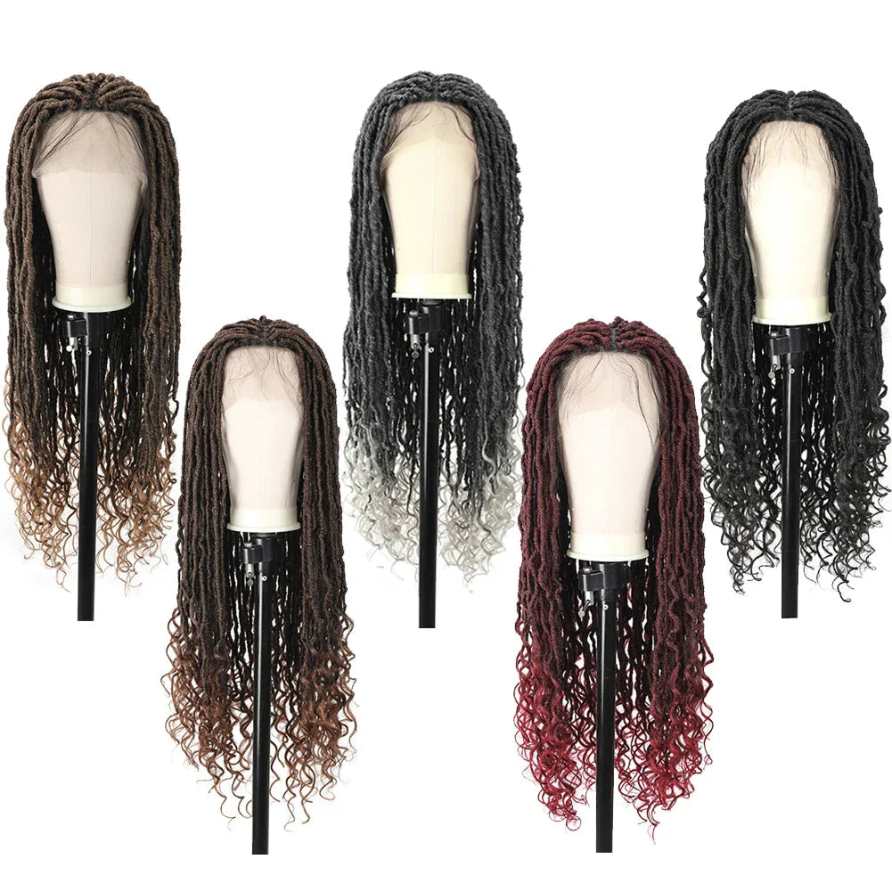 Goddess Faux Locs Crochet Wigs Synthetic Dreadlock Lace Twist Wig with Wave Curly End Lace Faux Locs Braided Wigs with Baby Hair