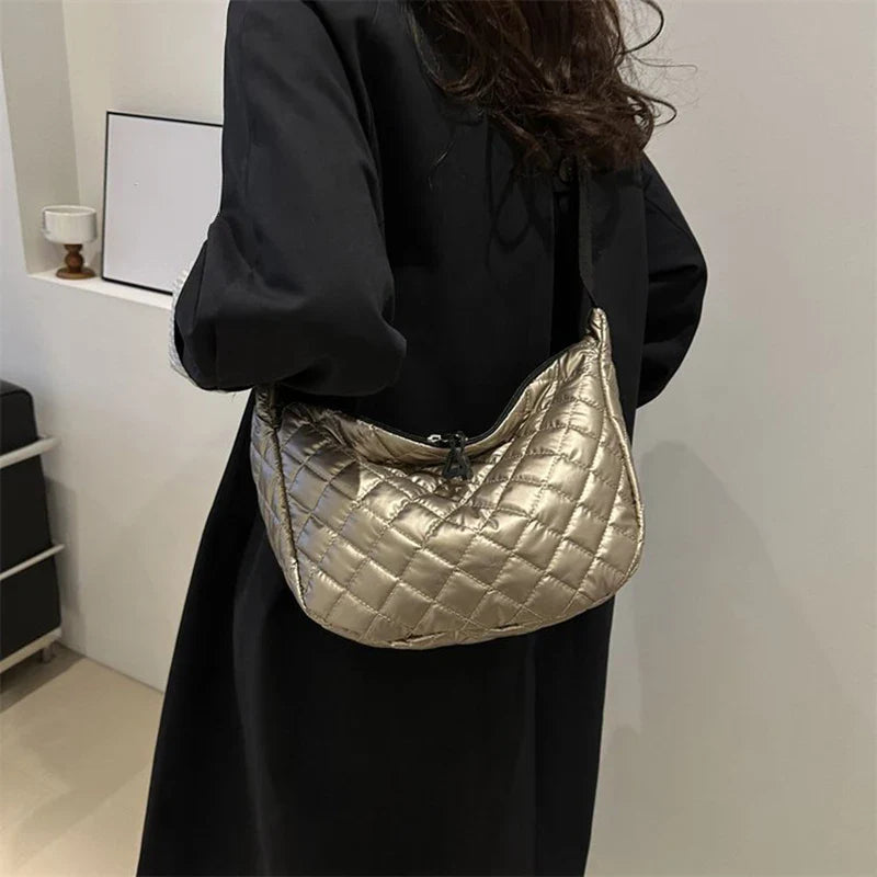 Fashion Nylon Padded Handbags Female | Large Capacity Top-Handle Bags & Solid Color Crossbody Bags (Winter Down Women Shoulder Bags)