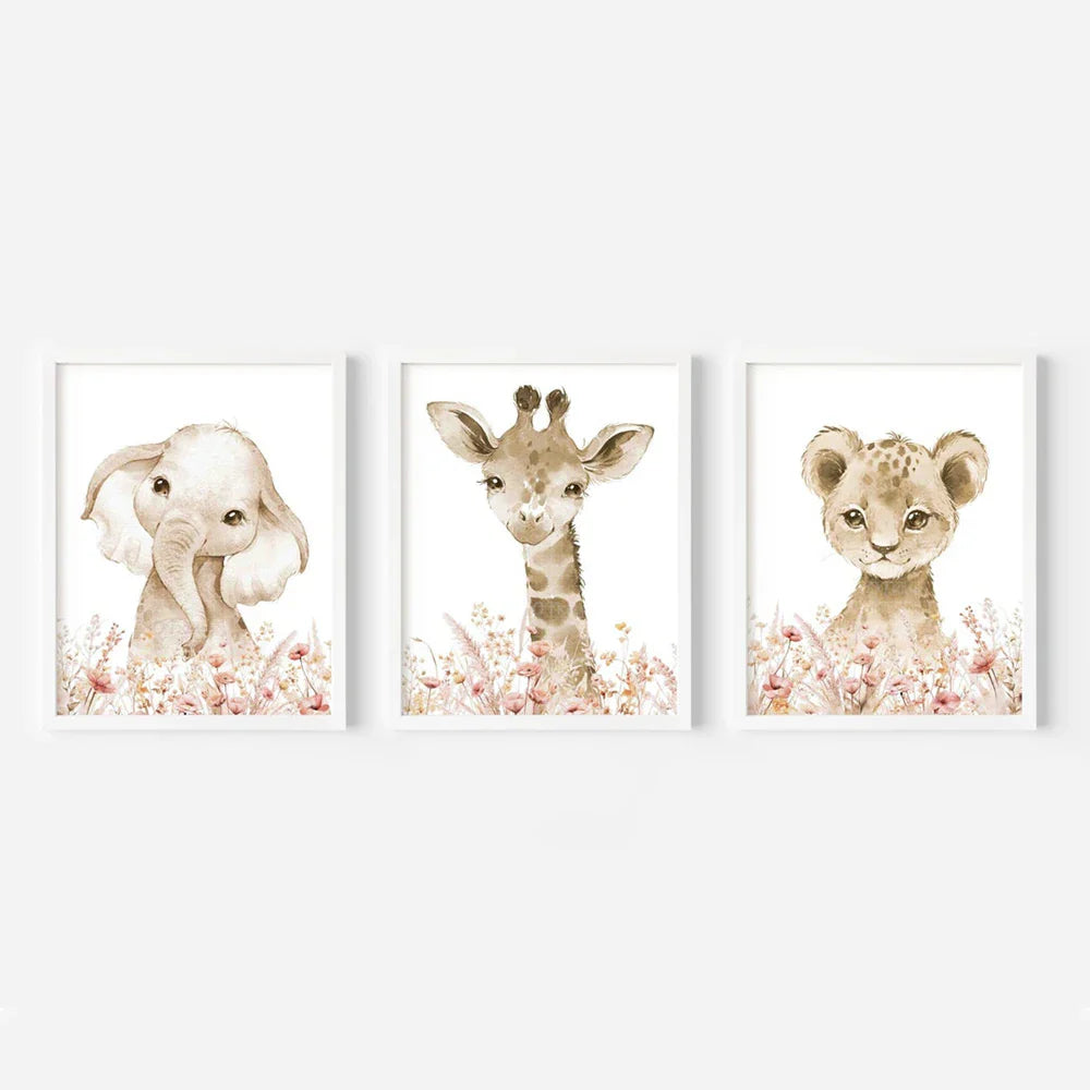 Nordic Modern pink Cute Animal Elephant Giraffe Cat Prints Canvas Painting Poster For Living Room Play Room Kids Room Home Decor