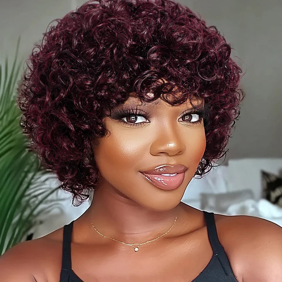 Sleek Short Pixie Afro Kinky Curly Wig with Bangs | Glueless Peruvian Human Hair Bob