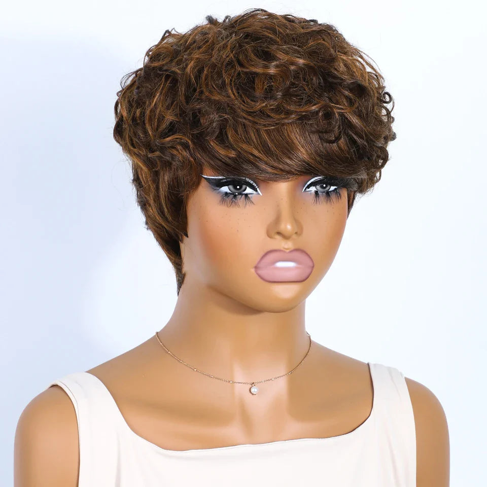 Rebecca P1B/30 Brown Pixie Cut Wig | Curly Side Part Brazilian Human Hair