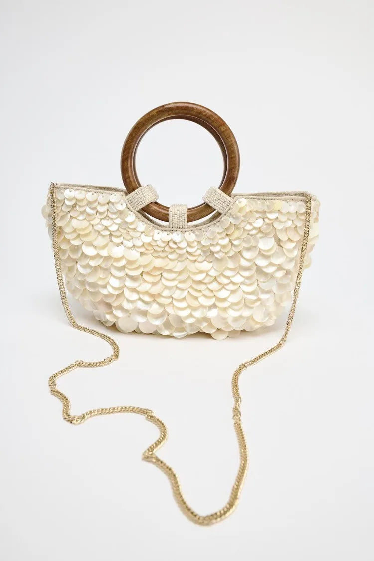 Faux Nacre Appliqué Half-Moon Bag for Women | New Double Circular Top Handles & Removable Chain Crossbody Strap (Fashionable & Versatile)