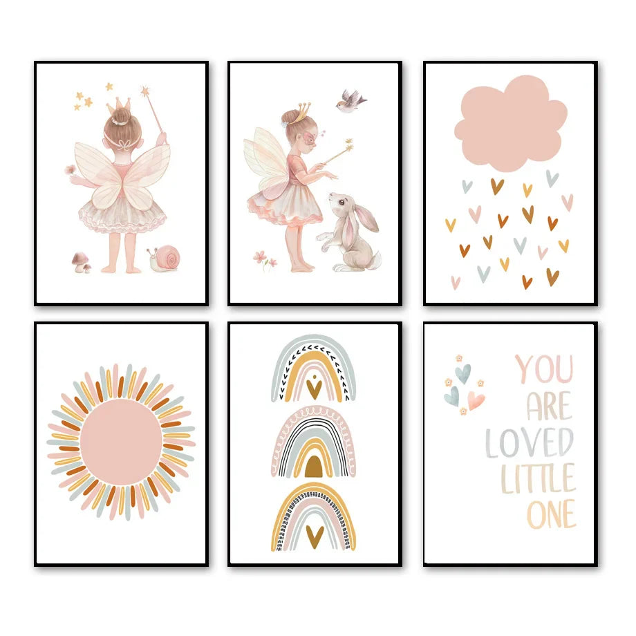 Kawaii Angel Girls Rabbit Sun Rainbow Cloud Cartoon Children Posters Canvas Painting Wall Art Print Picture Baby Kids Room Decor
