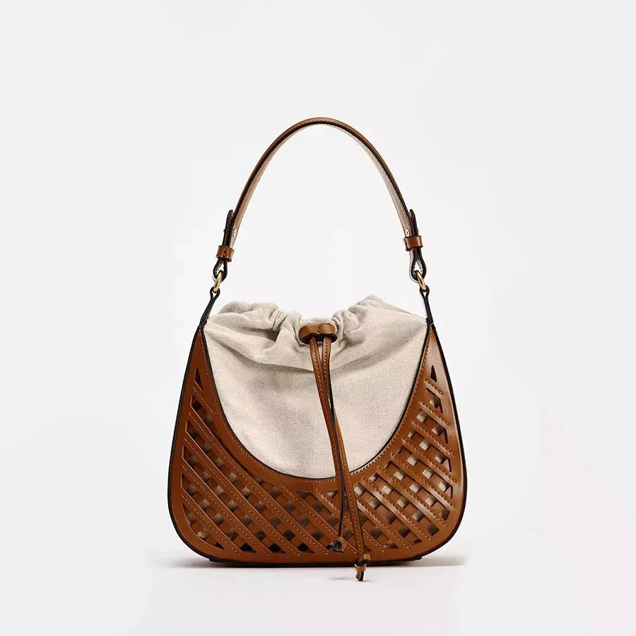 Fashionable Autumn & Winter Woven Hollow Shoulder & Crossbody Bag | Retro Versatile Travel Contrast Color Large Capacity Canvas Handbag