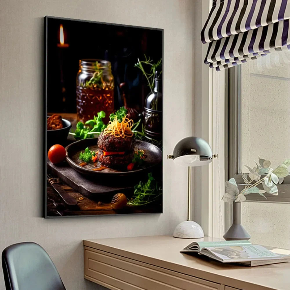 Chicken Food Burger French Fries Chicken Salmon Art Poster Canvas Painting Wall Print Living Room Home Restaurant Decor Poster