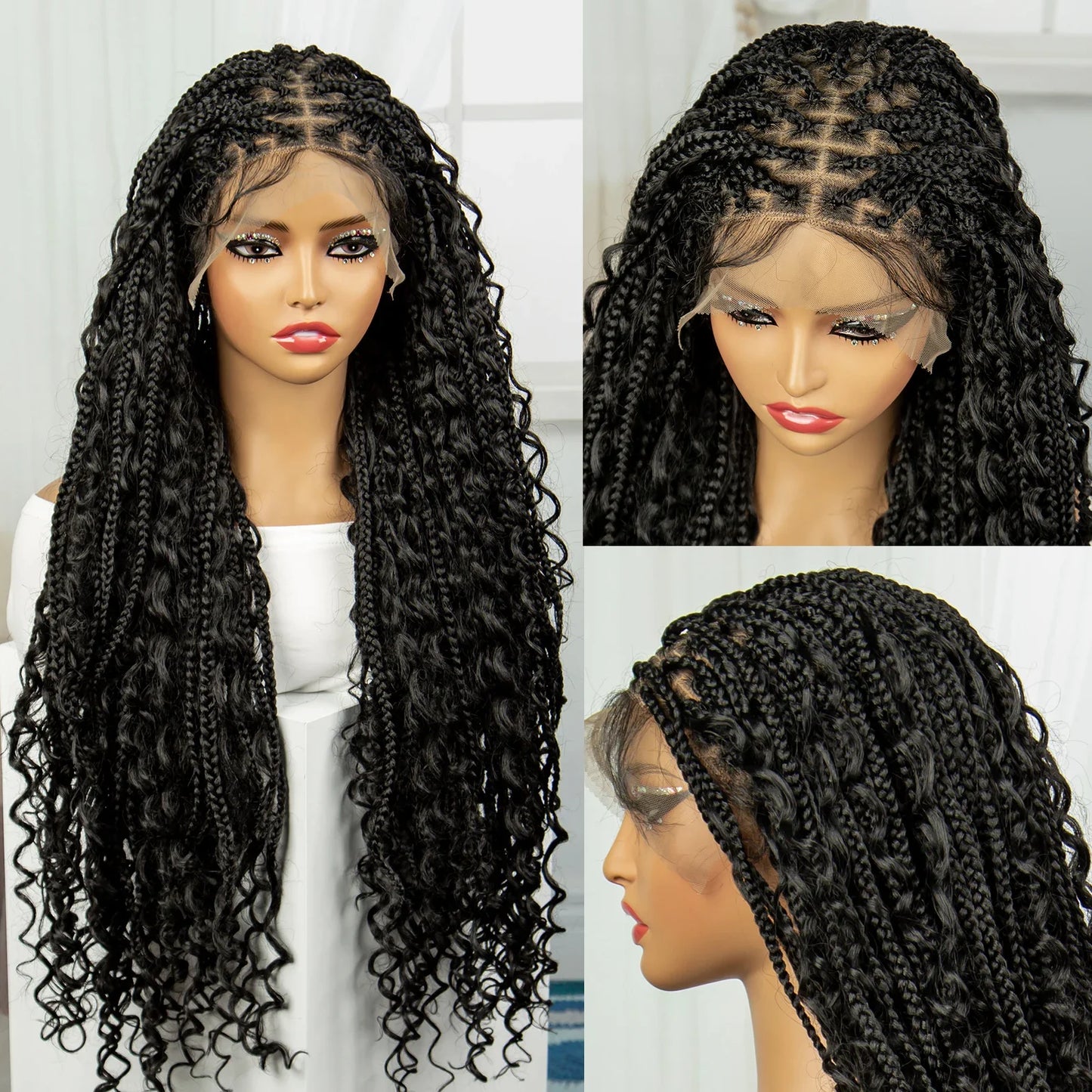 36" Knotless Box Braids Wig | Bohemian Style | Curly Ends | Lace Front | With Baby Hair | For Black Women