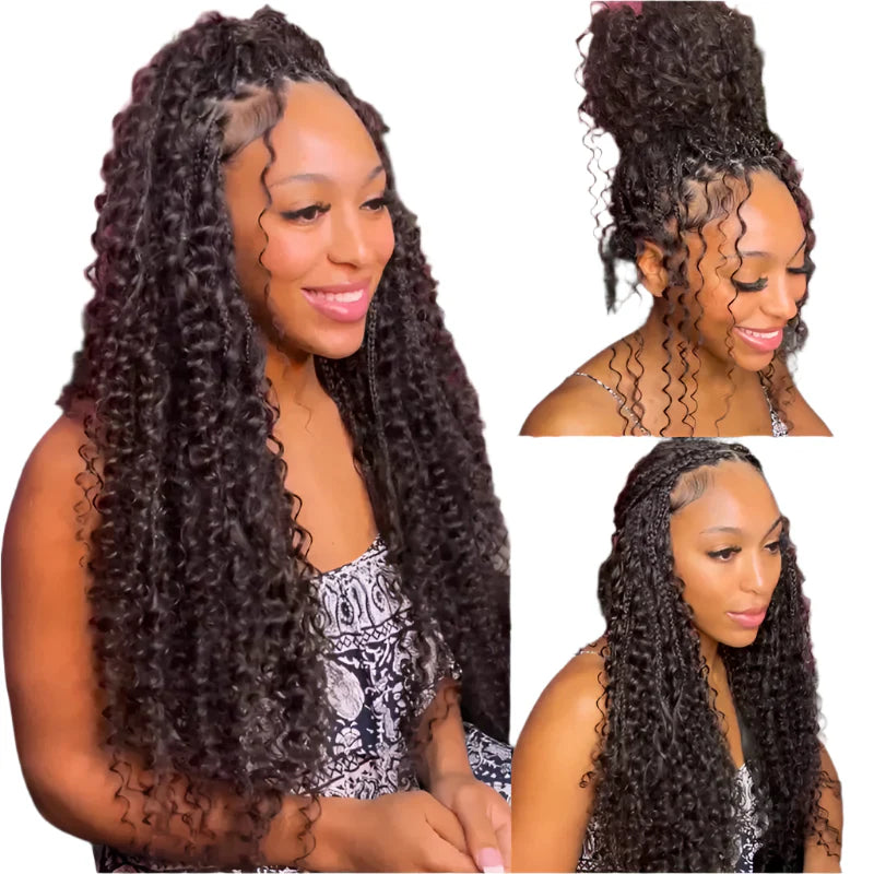 Boho Curly End Braided Full Lace Front Wig | Goddess Locs | Knotless Box Braids | Synthetic Bohemian Wig