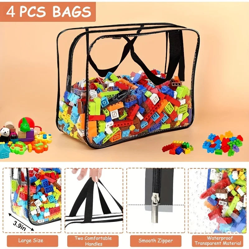 4pcs large toy storage bags multi-purpose zipper transparent PVC waterproof suitcase, suitable for building blocks