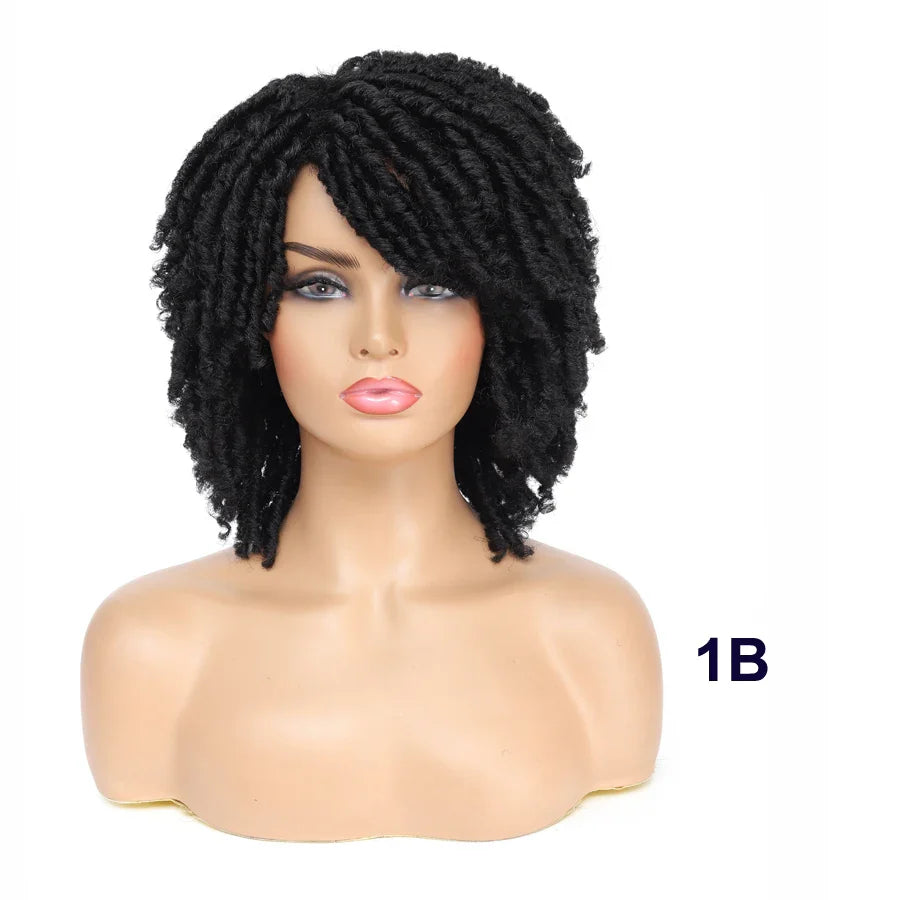 Short Afro Curly Faux Locs Wig | Twist Braids | Heat Resistant | Ombre Brown | Black Women