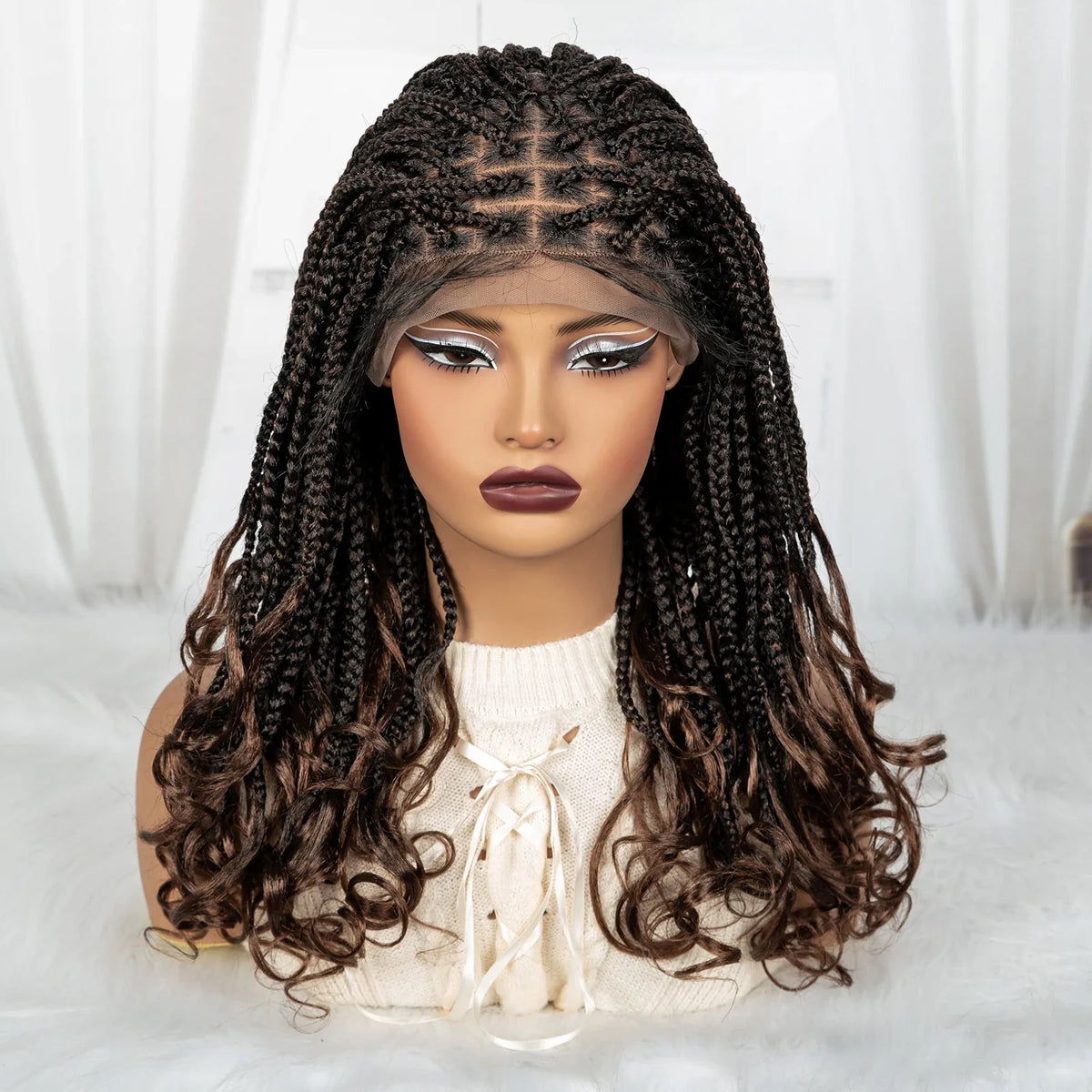 Burgundy Knotless Braids Wig with Curly Ends | 9x6 Lace Front | Blended Box Braids