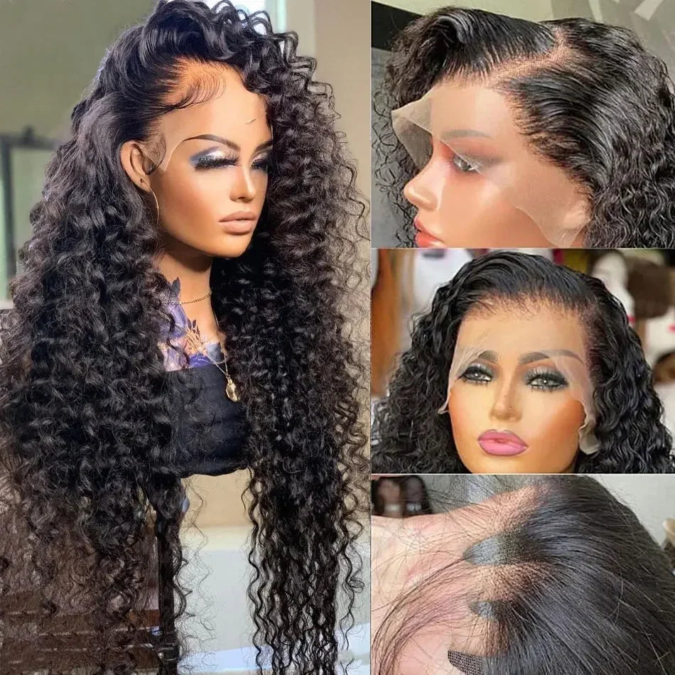 Deep Curly 13x6 HD Lace Frontal Wig | Water Wave Human Hair Wig 13x4 HD Lace Frontal Wigs for Women (Brazilian Remy Black Color)