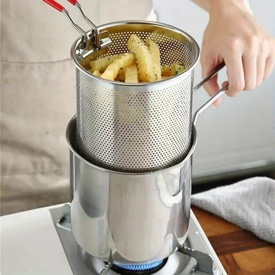 SUS304 stainless steel fryer with French fries and chicken wings, household small oil pot with filter screen, Tianfu Luo pot