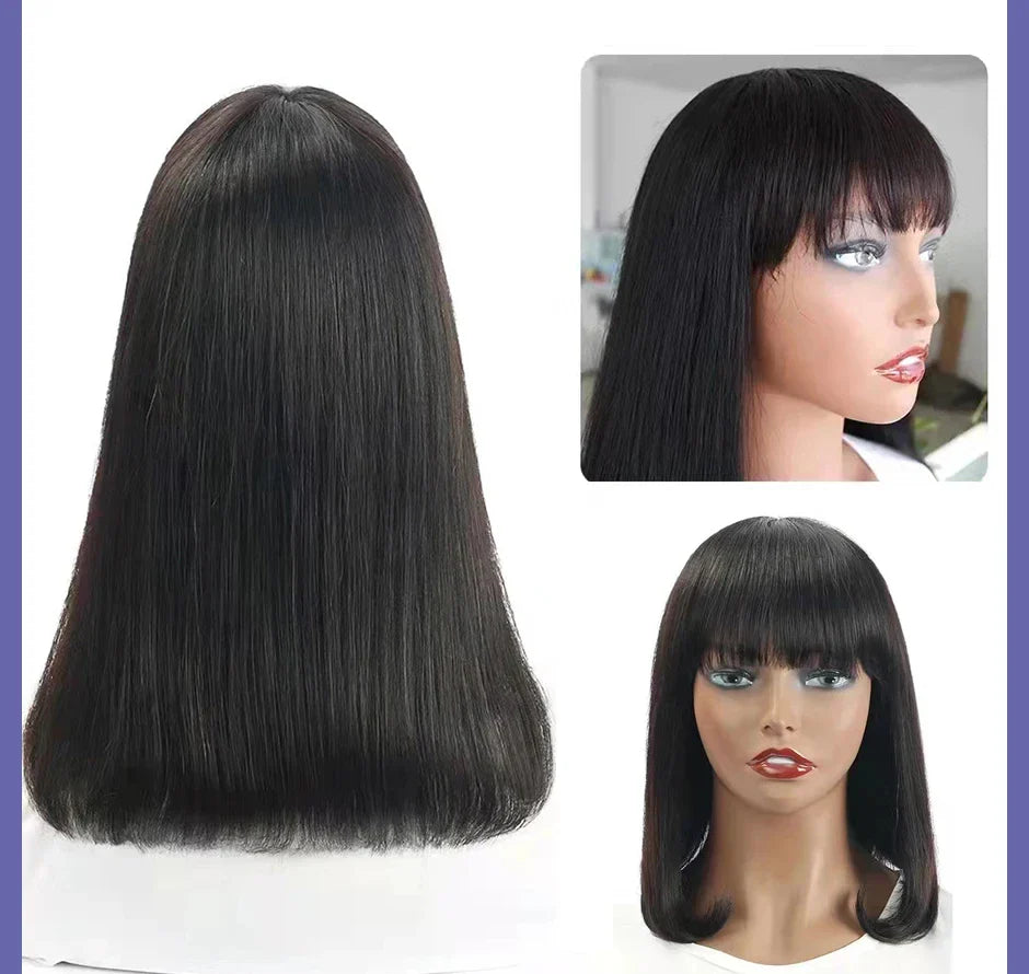 Short Straight Bob Wig with Bangs | "Put On & Go" Human Hair for Black Women (On Sale)