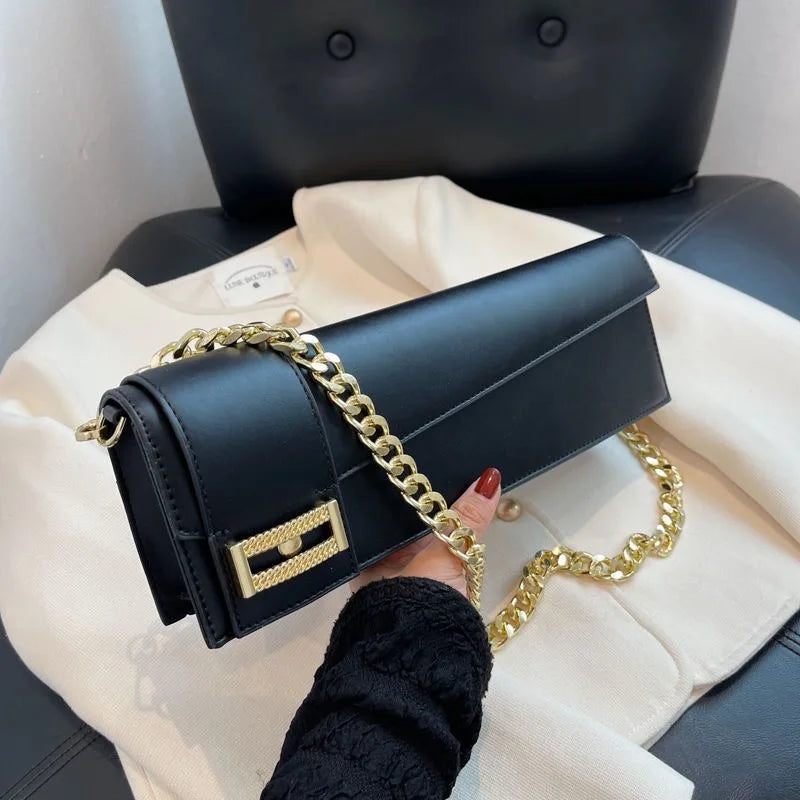 High Quality Klein Blue PU Leather Shoulder Bag for Women | Fashion Rectangle Underarm Purse (Ladies' Solid Handbag with Chains)