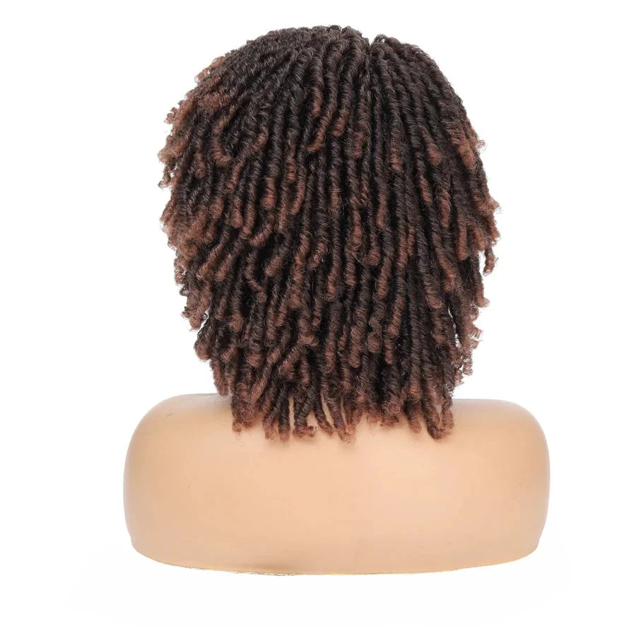 Short Afro Curly Faux Locs Wig | Twist Braids | Heat Resistant | Ombre Brown | Black Women
