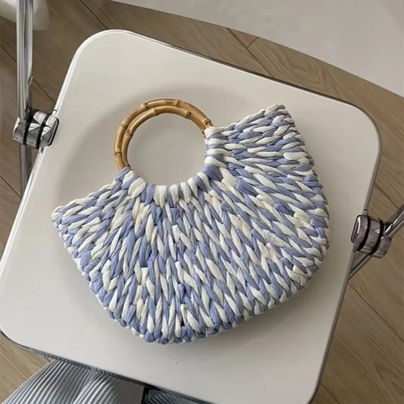 Designer Women's Pearlescent Inlay Half Moon Crossbody Bag | Exquisite Shell Beaded Handbag with Sequin & Wooden Handle Tote