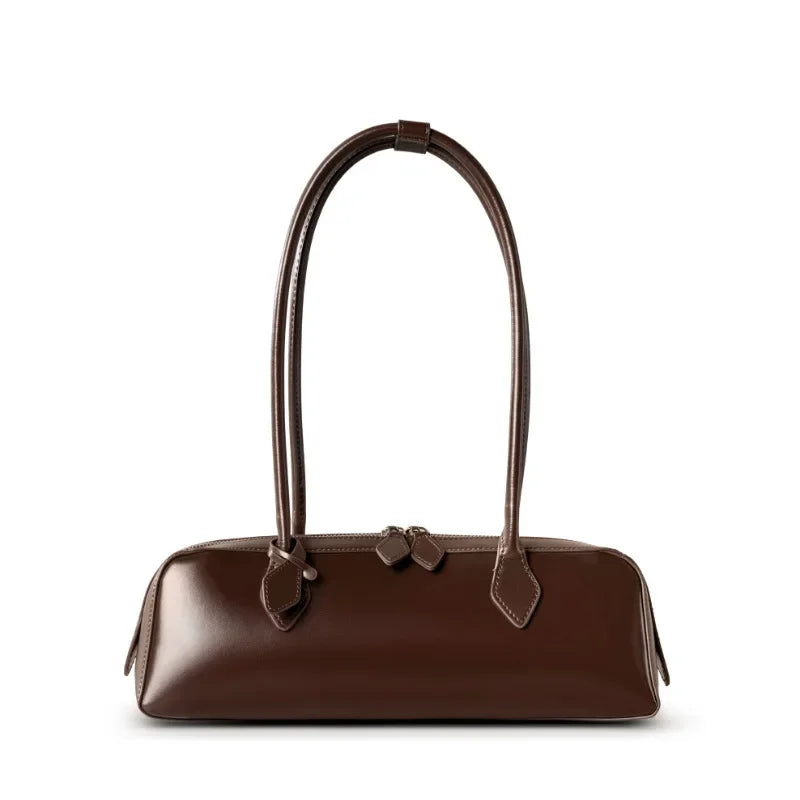 New Genuine Leather Women's Shoulder Bag | Large Capacity Cowhide Luxury Handbag (Long Strip Wine Red Baguette Bag)