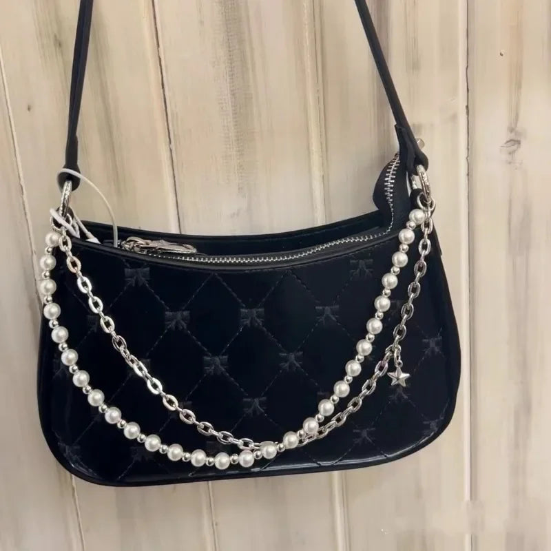 Women's Shoulder Bag | Elegant Cute Bow Pearl Chains & Embroidery Handbag (Casual Leather Korean Fashion Female Handbag)