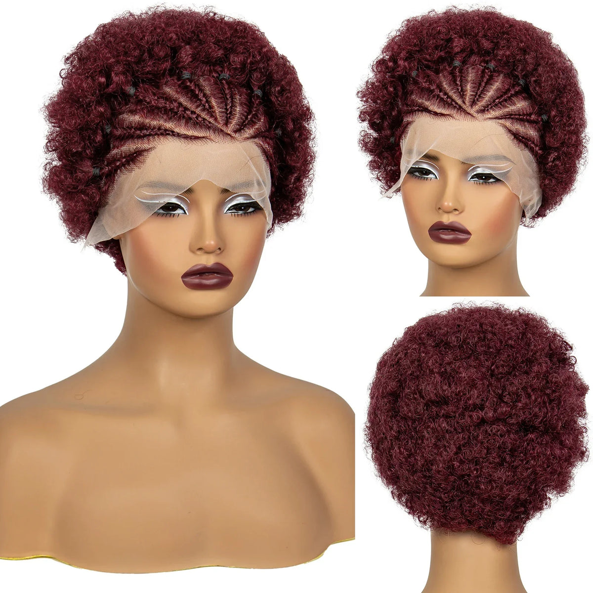 Natural Black Synthetic Braided Wig | 13x4 Transparent Lace Front Short Afro Kinky Curly Braids
