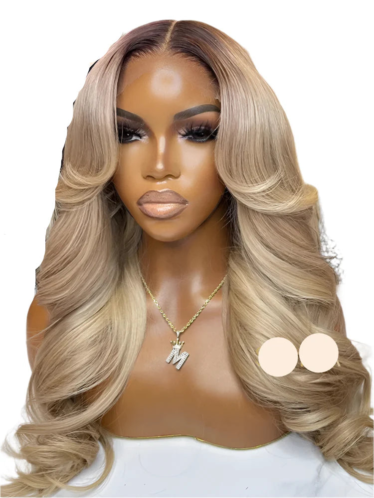 Ombre Ash Honey Blonde 13x6 Transparent Lace Frontal Wig | Dark Root Body Wave Human Hair