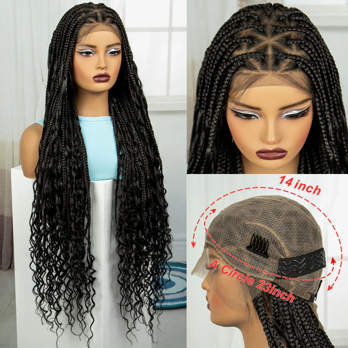 36" Ombre Boho Knotless Braids Wig | Curly Ends | HD Full Lace | Baby Hair