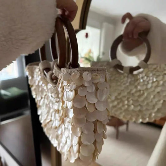 Brand Exquisite Double-sided Shell Handbag | Luxury Handmade Large Capacity Shell Crossbody Clutch Bag (Wooden Handle & Tote)