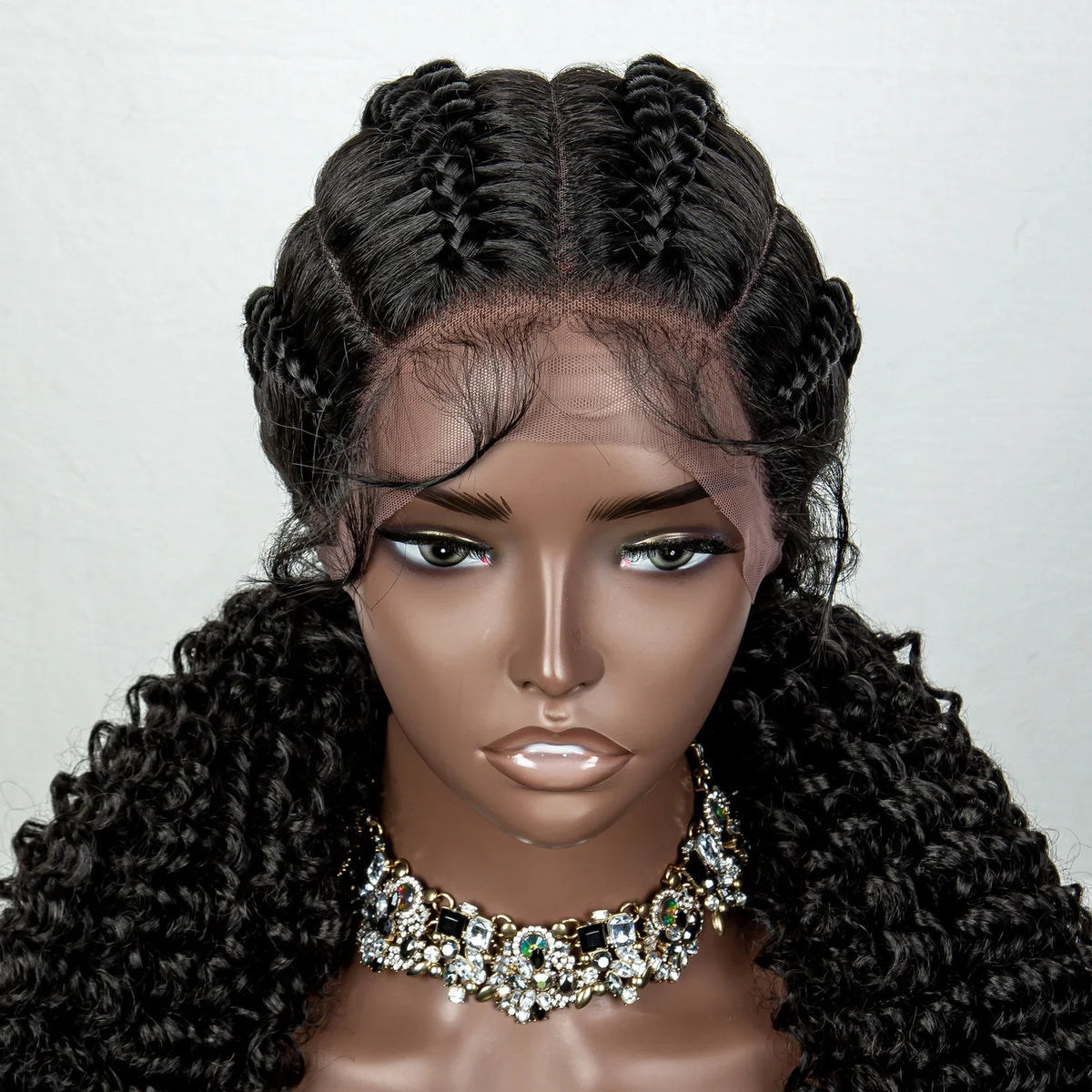 22" Box Braids Full Lace Wig | Two Curly Ponytails | Baby Hair | Synthetic Braided Wig