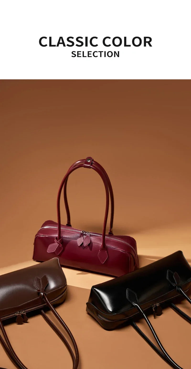 New Genuine Leather Women's Shoulder Bag | Large Capacity Cowhide Luxury Handbag (Long Strip Wine Red Baguette Bag)