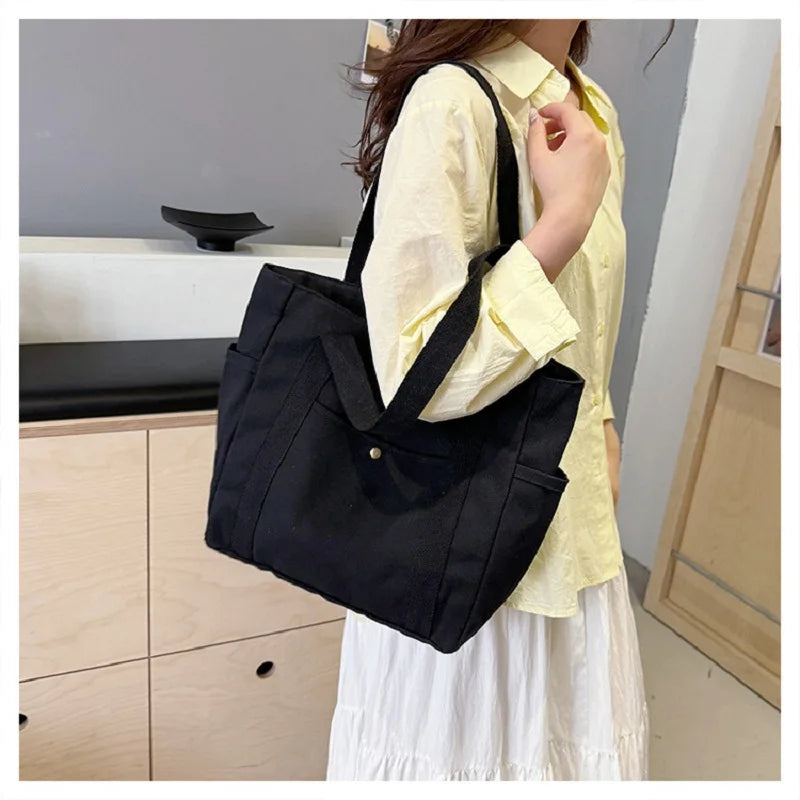 Preppy Style Shoulder Bag Unisex | Large Capacity Handbag & Casual Versatile Solid Canvas Bag (Student Commuting Zipper Square Bag)