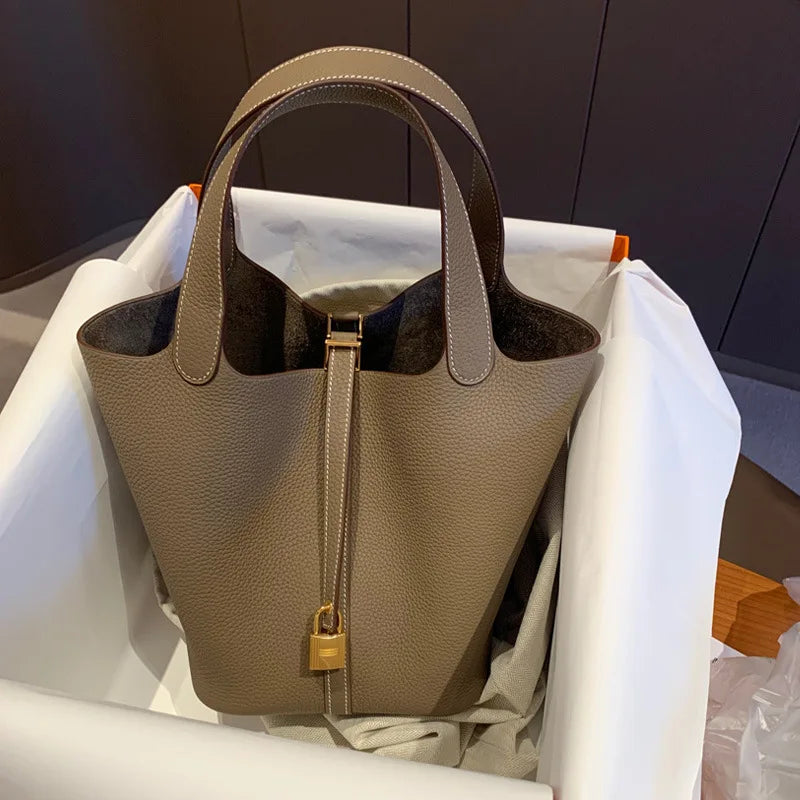 Stylish Bucket Shopping Tote Bag for Women | Soft PU Litchi Pattern Handbag with Lock & Small Horse Scarf (Classic, Versatile)