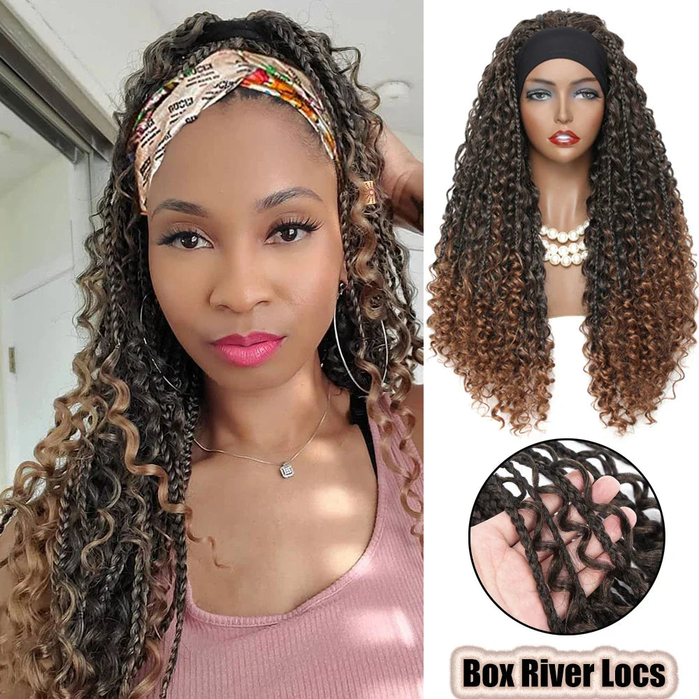 Product Title: 26" Ombre Brown Headband Braided Wig | Faux Locs with Curly Ends | Synthetic Dreadlock Wig