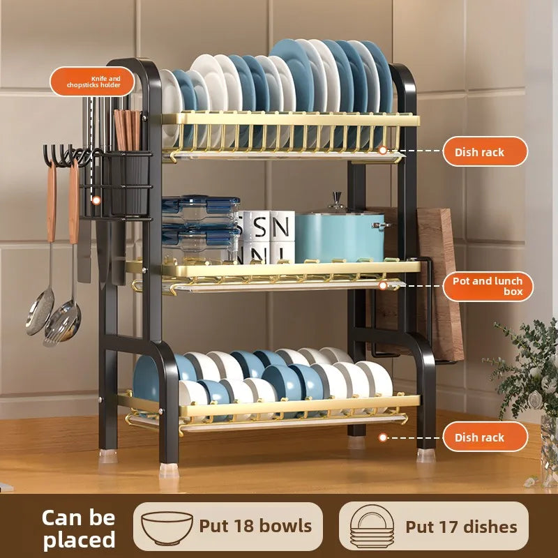 black Multi-level dish drain, dish drying rack, dish drain, large rust-proof dish drain with kitchen utensils stand