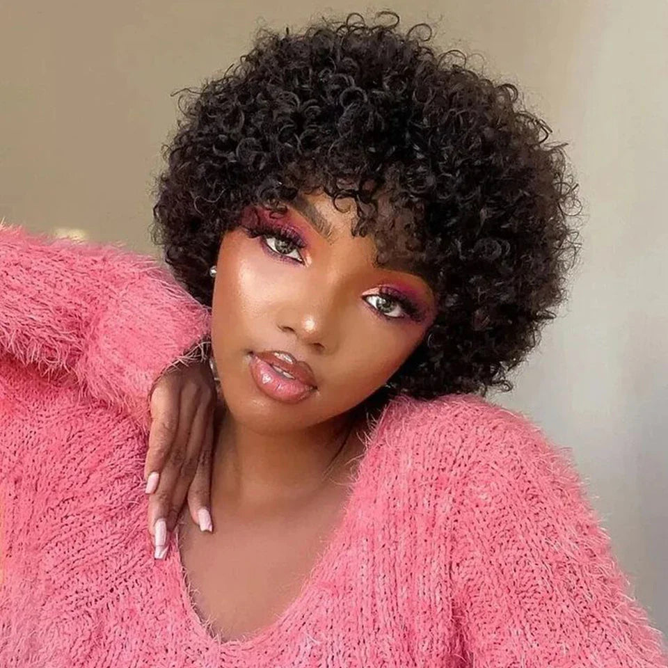 Sleek Short Pixie Afro Kinky Curly Wig with Bangs | Glueless Peruvian Remy Hair Bob