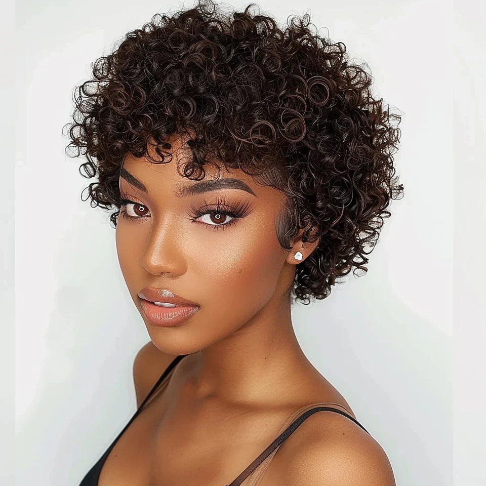 Peruvian Short Bob Pixie Afro Kinky Curly Wig with Bangs | Remy Human Hair