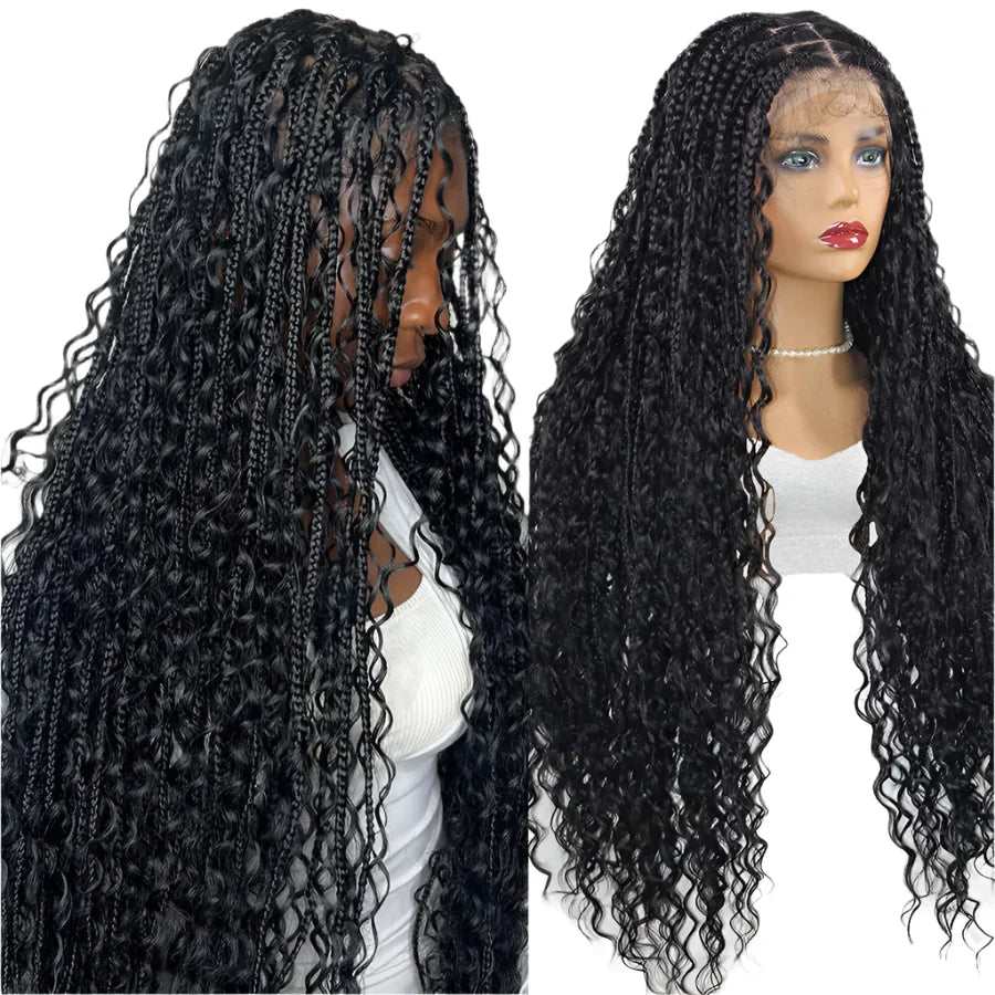 Boho Curly End Braided Full Lace Front Wig | Goddess Locs | Knotless Box Braids | Synthetic Bohemian Wig